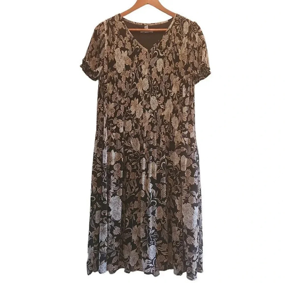 Isaac Mizrahi Live Midi Dress Women Size Small Black Gray Floral Pleated V-Neck - Picture 1 of 10